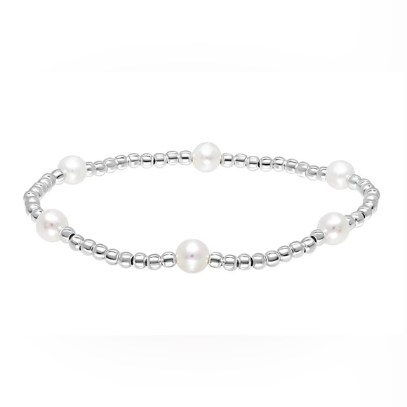 Sterling Silver Bead & Freshwater Cultured Pearl Stretch Bracelet